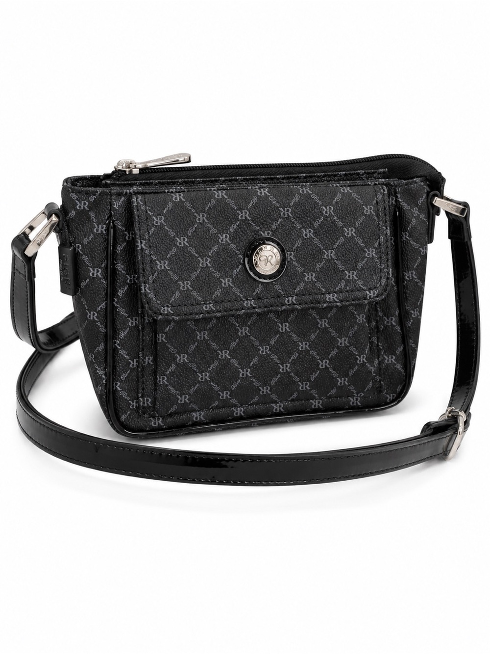 Rioni Nadia Pocket Purse Black Monogram Crossbody NWT Zip Bag Patent Trim